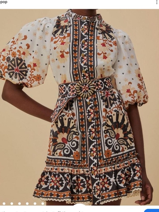 Farm Rio Dresses & Skirts - Farm Rio Ivory printed cotton-blend round collar Flower Fan Tapestry belted mini